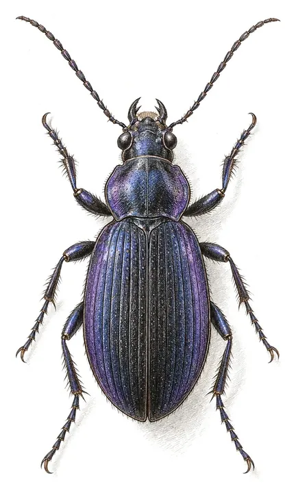 An engraved violet-black ground beetle, ridged wing cases, long antennae.