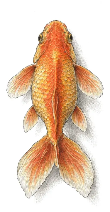 An engraved orange goldfish seen from above, fins spread.