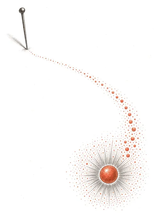 A pin and a dotted trail ending in a small red dot: the laser.
