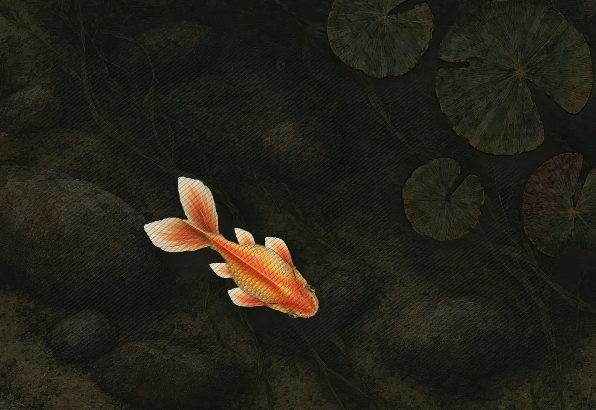 A goldfish swims through a dark lily pond in the app: bright prey on a deep green-black ground.